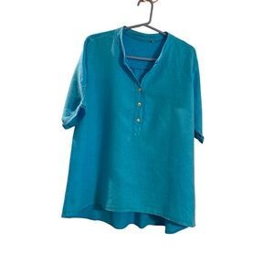 Linen and cotton women’s short sleeve high low top size L in a blue green